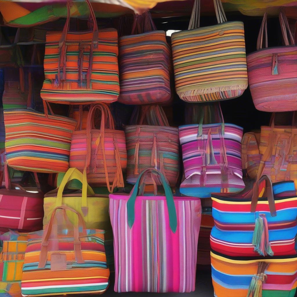 Colorful Guatemalan Morales bags displayed in a market stall