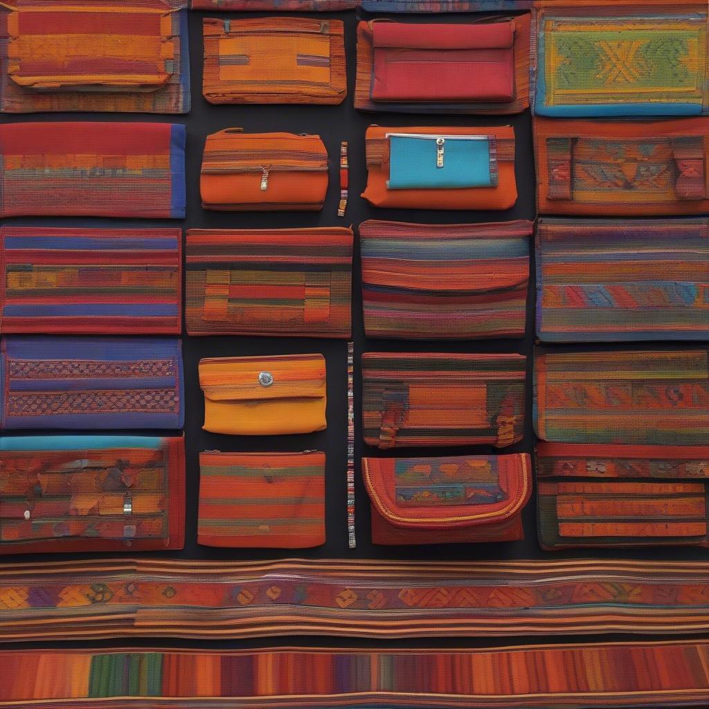 Different styles of Guatemalan woven shoulder bags displaying unique patterns and colors.