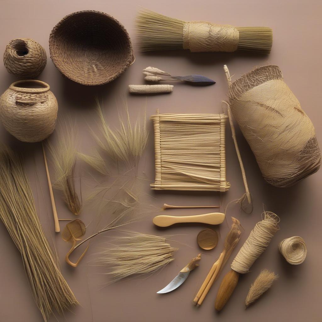 Sweetgrass bundles, needles, and other tools used in Gullah basket weaving.