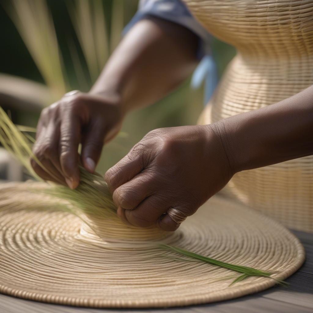 A Gullah woman weaving a sweetgrass basket, demonstrating the intricate coiling technique.