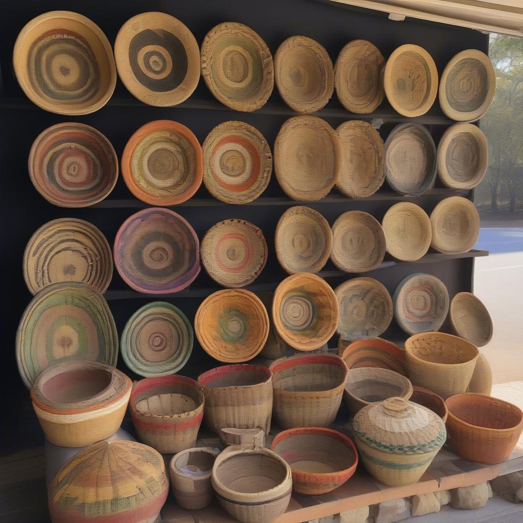 A variety of Gullah sweetgrass baskets displayed for sale, showcasing different sizes, shapes, and patterns.