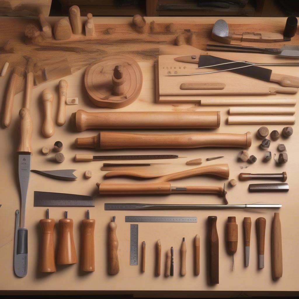 Various carving tools and different types of wood suitable for gunstock carving laid out on a workbench.