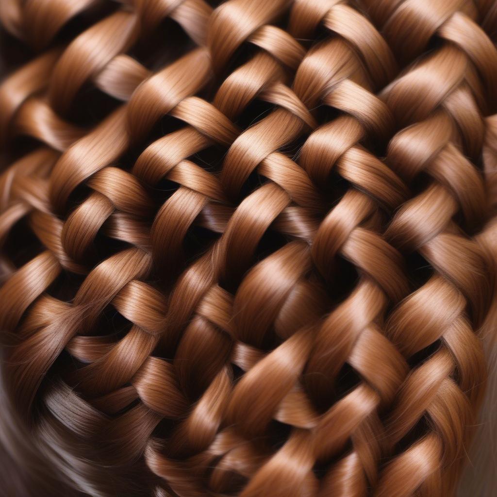 Close-up view of a woman's hairstyle featuring intricate basket weave braiding