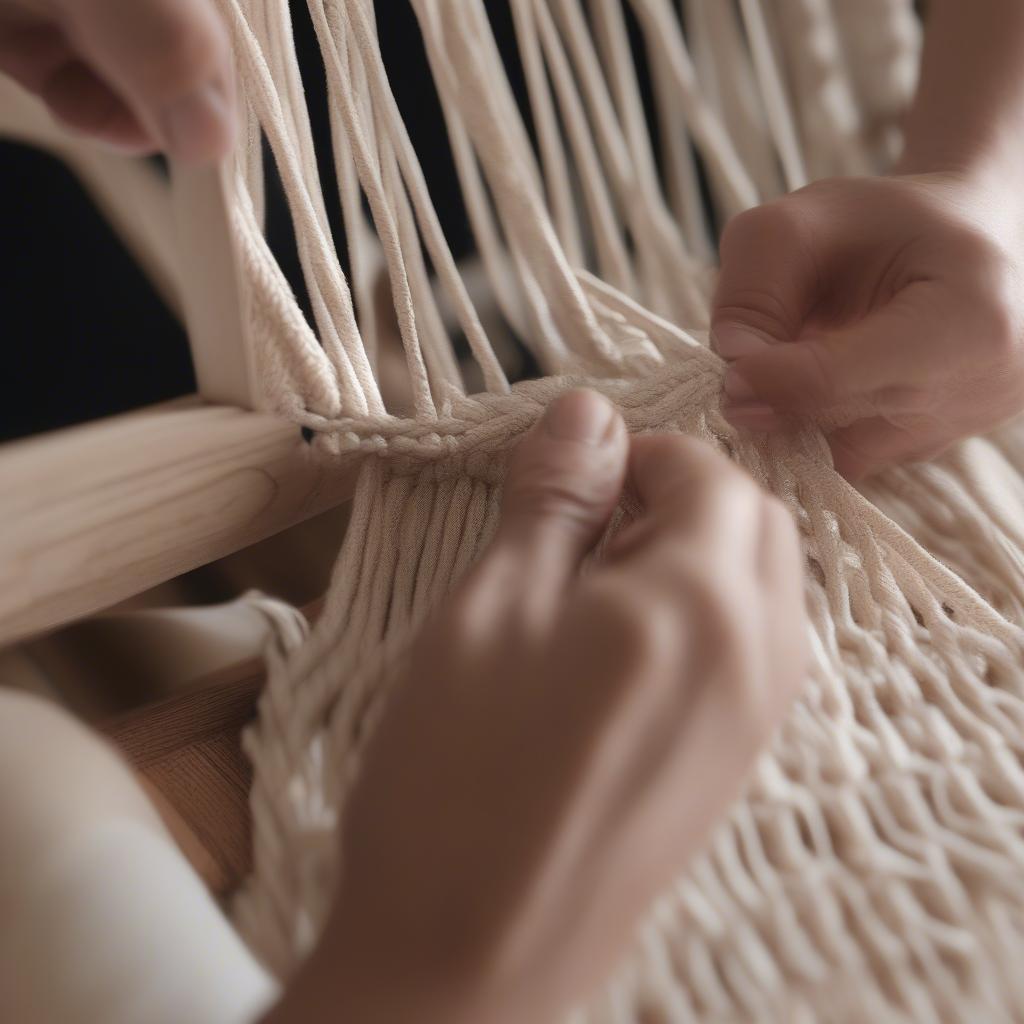 Close-up of hands weaving a hammock chair using macrame cord