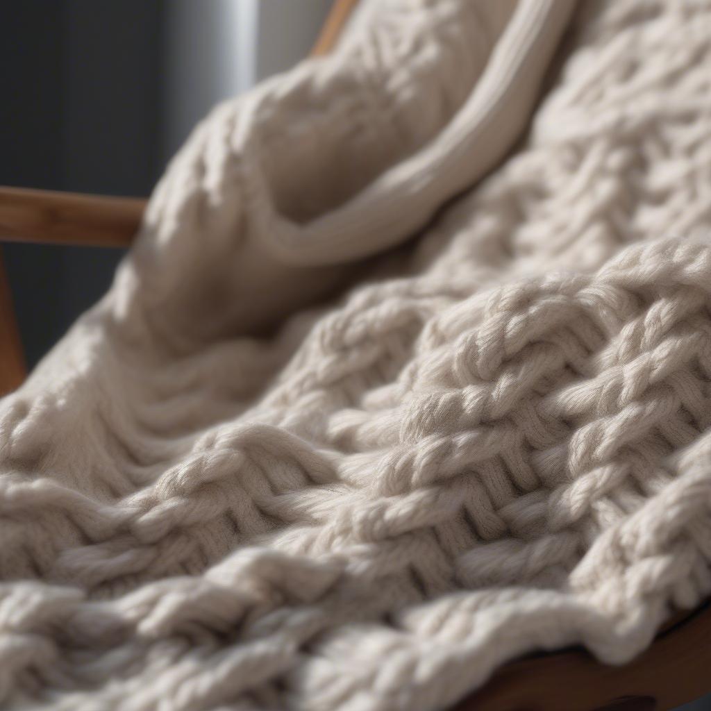 Close-up of a hand knit basket weave blanket, showcasing the intricate texture and stitch definition.