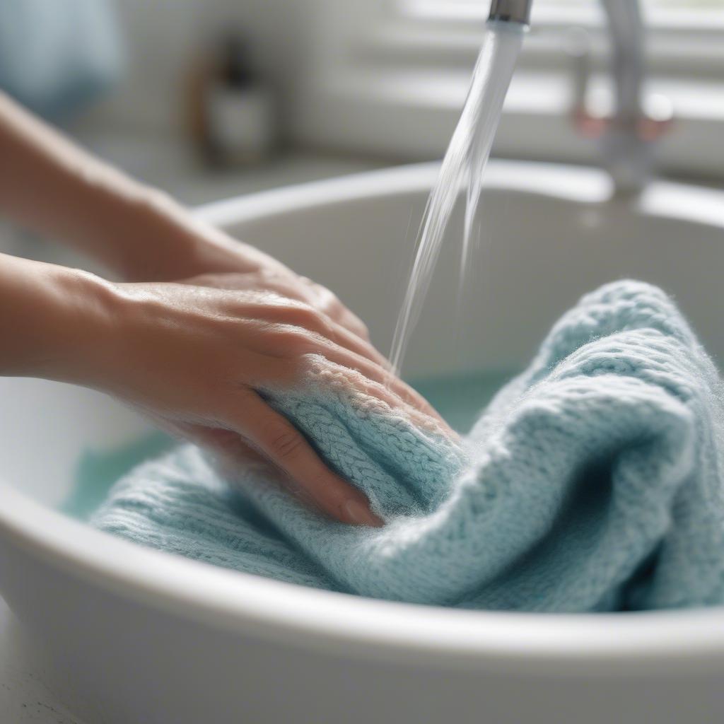 Demonstration of how to hand wash a knitted blanket.