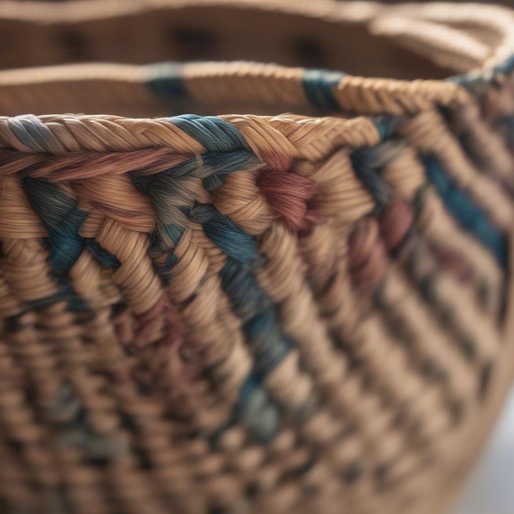 Close-up view of a hand weaved basket, showcasing the intricate weaving patterns and natural materials.