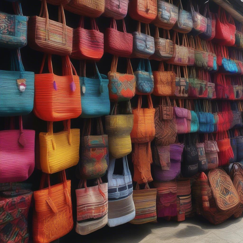 Handwoven bags displayed in a vibrant Philippine market.