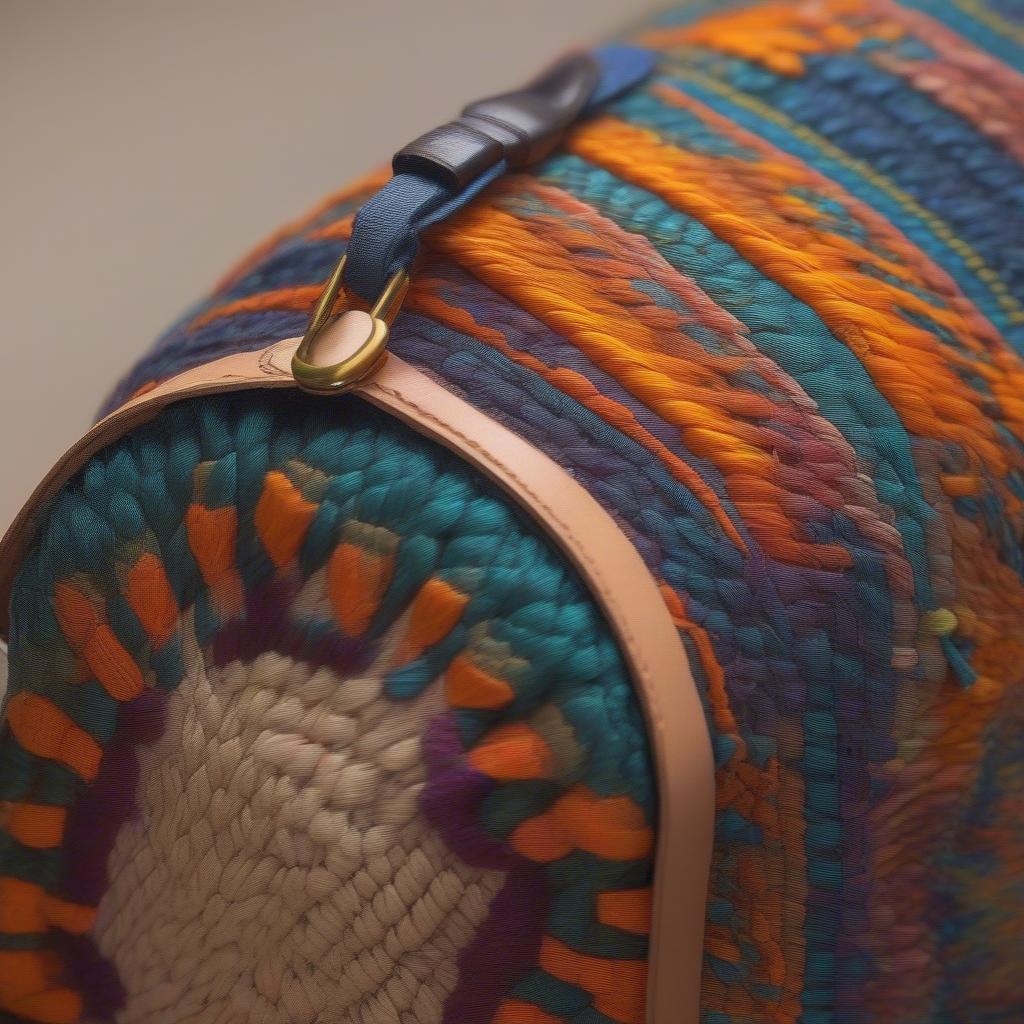 Close-up detail of a hand woven Nepal bag showcasing intricate weaving patterns.