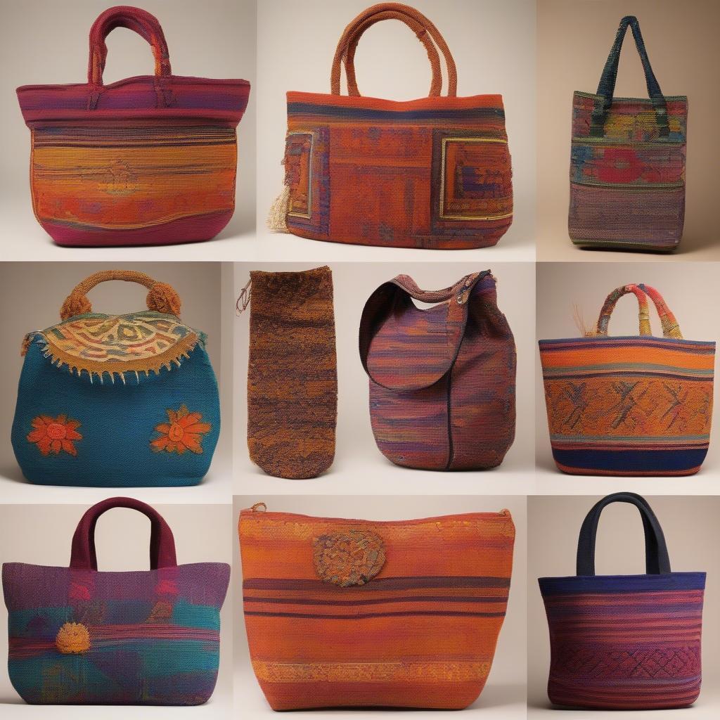 A vibrant display of various hand woven Nepal bags showcasing different sizes, colors, and designs.