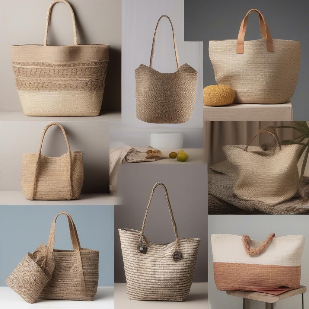 Variety of hand woven tote bags showcasing different materials, sizes, and designs