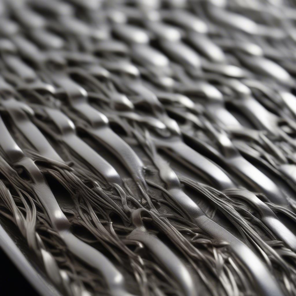 Close-up of a handcrafted basket weave silver soap dish.