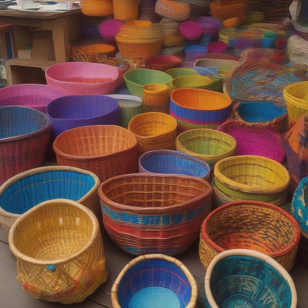 Display of various handmade baskets at a Portland, Oregon, craft market.