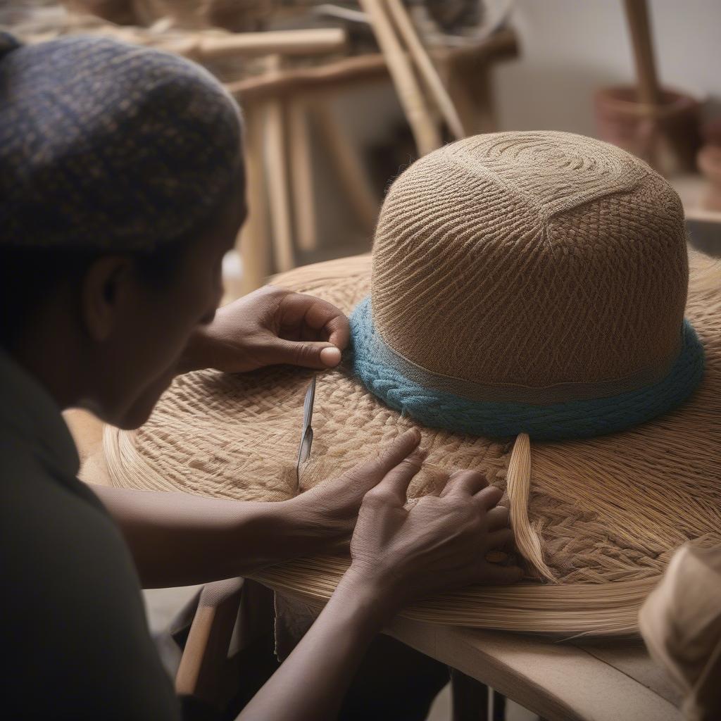 An artisan crafting a chunky diagonal weave hat, showcasing the handmade process.