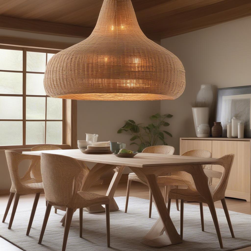 A stunning handmade wicker pendant light hangs above a dining room table.