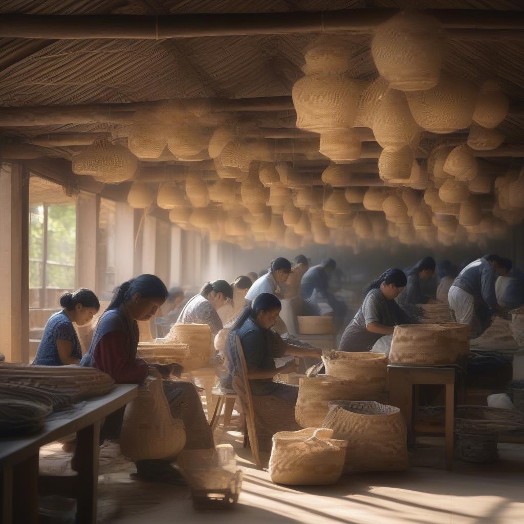 Skilled artisans crafting woven bags in a factory setting