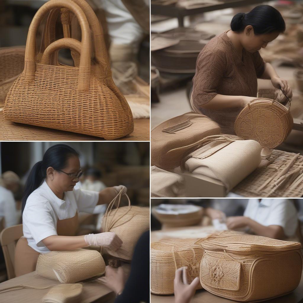 The production process of handmade woven bags in a factory