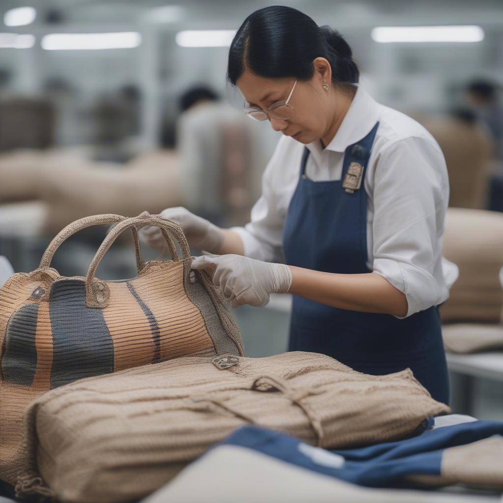 Quality control inspection of finished woven bags in a factory setting