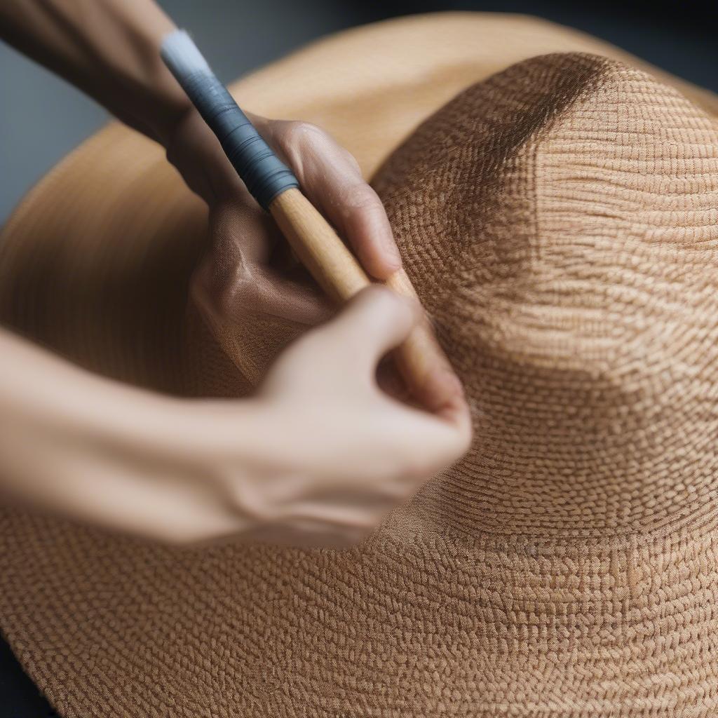 Hands carefully cleaning a straw weave hat