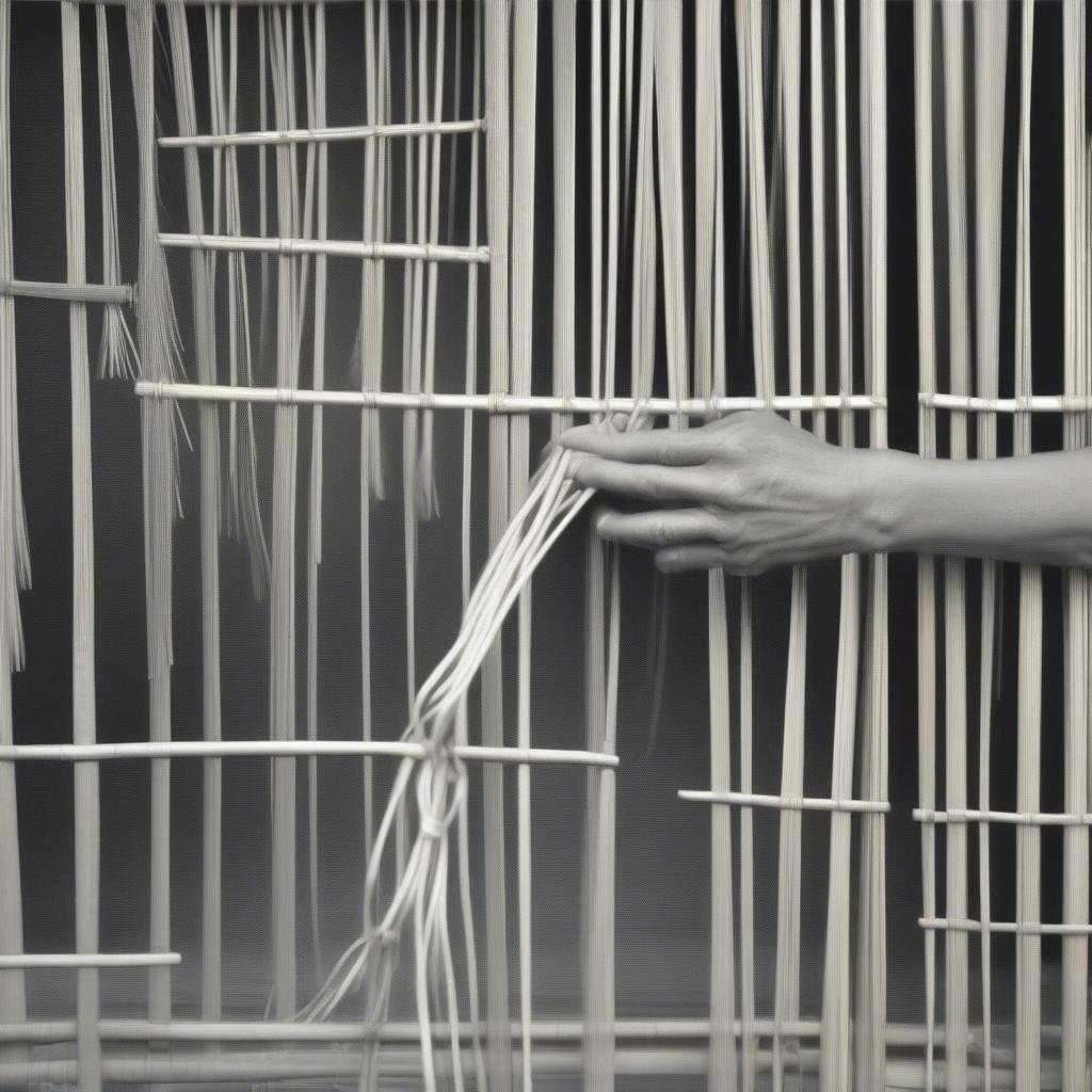 Hands demonstrating the basic basket weaving technique of interlacing weavers around stakes.