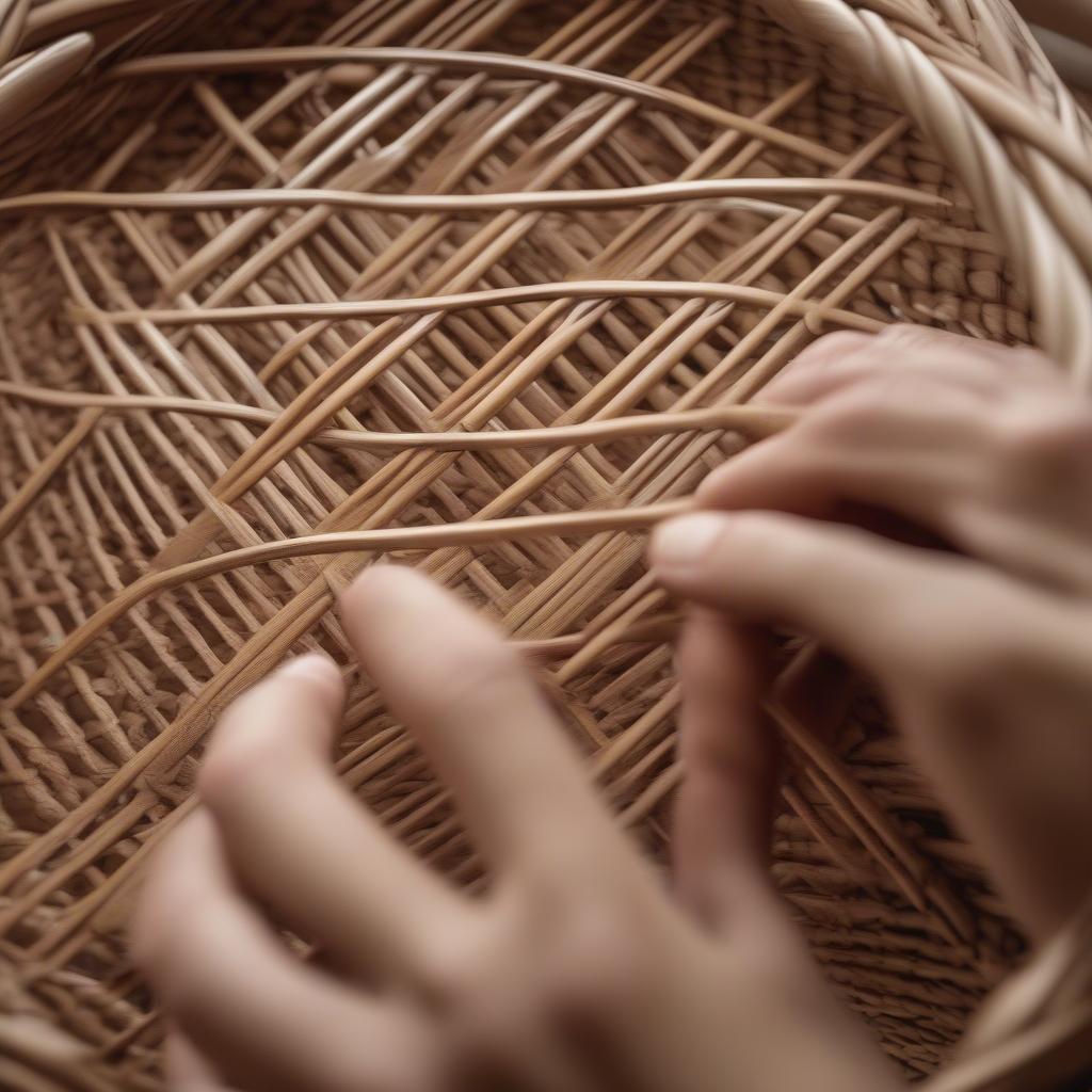 Close-up of Hands Weaving a Rattan Basket