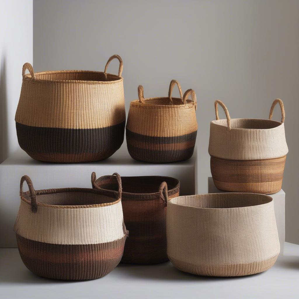 Assortment of handwoven baskets using diverse materials like willow, rattan, and seagrass