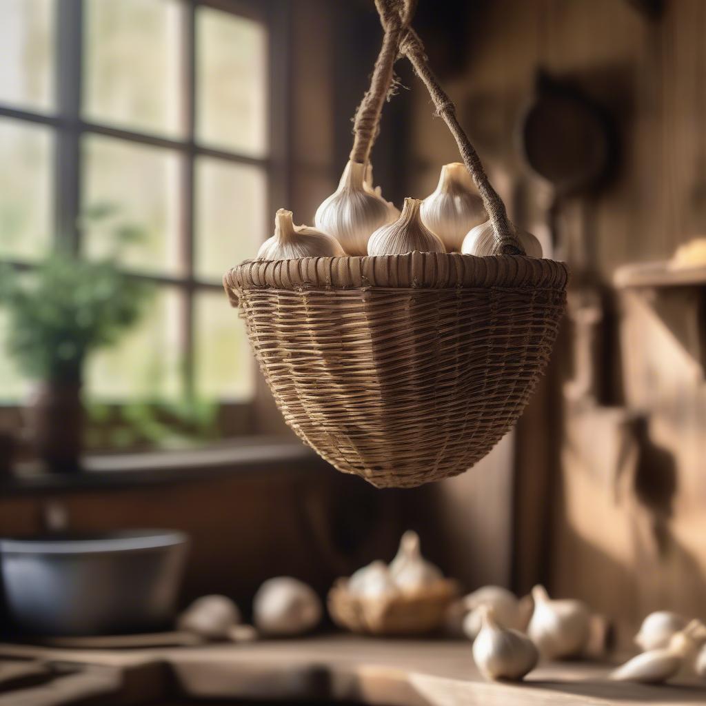 Hanging garlic basket made of wicker in a rustic kitchen