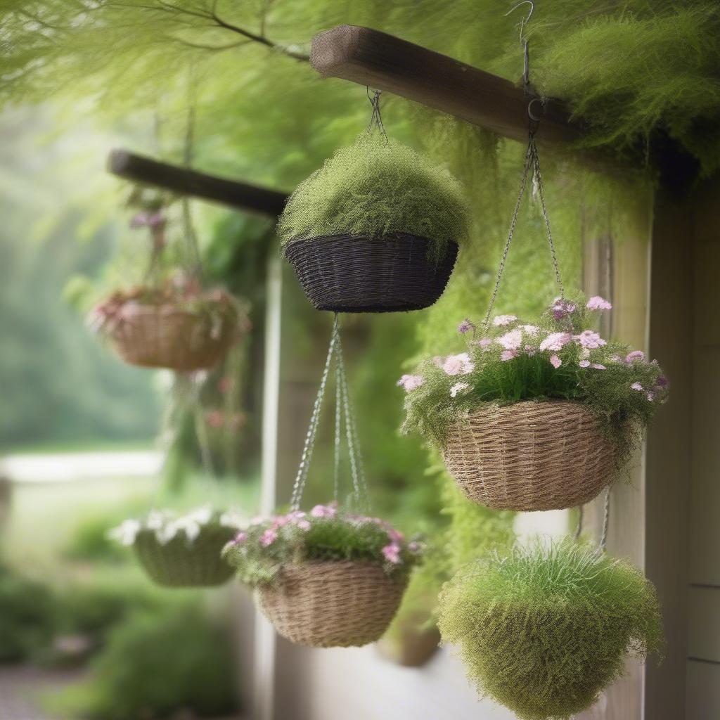 Several moss weave hanging baskets filled with flourishing plants hanging in a garden setting.