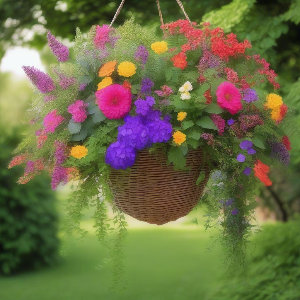 A hanging wicker basket overflowing with colorful flowers.