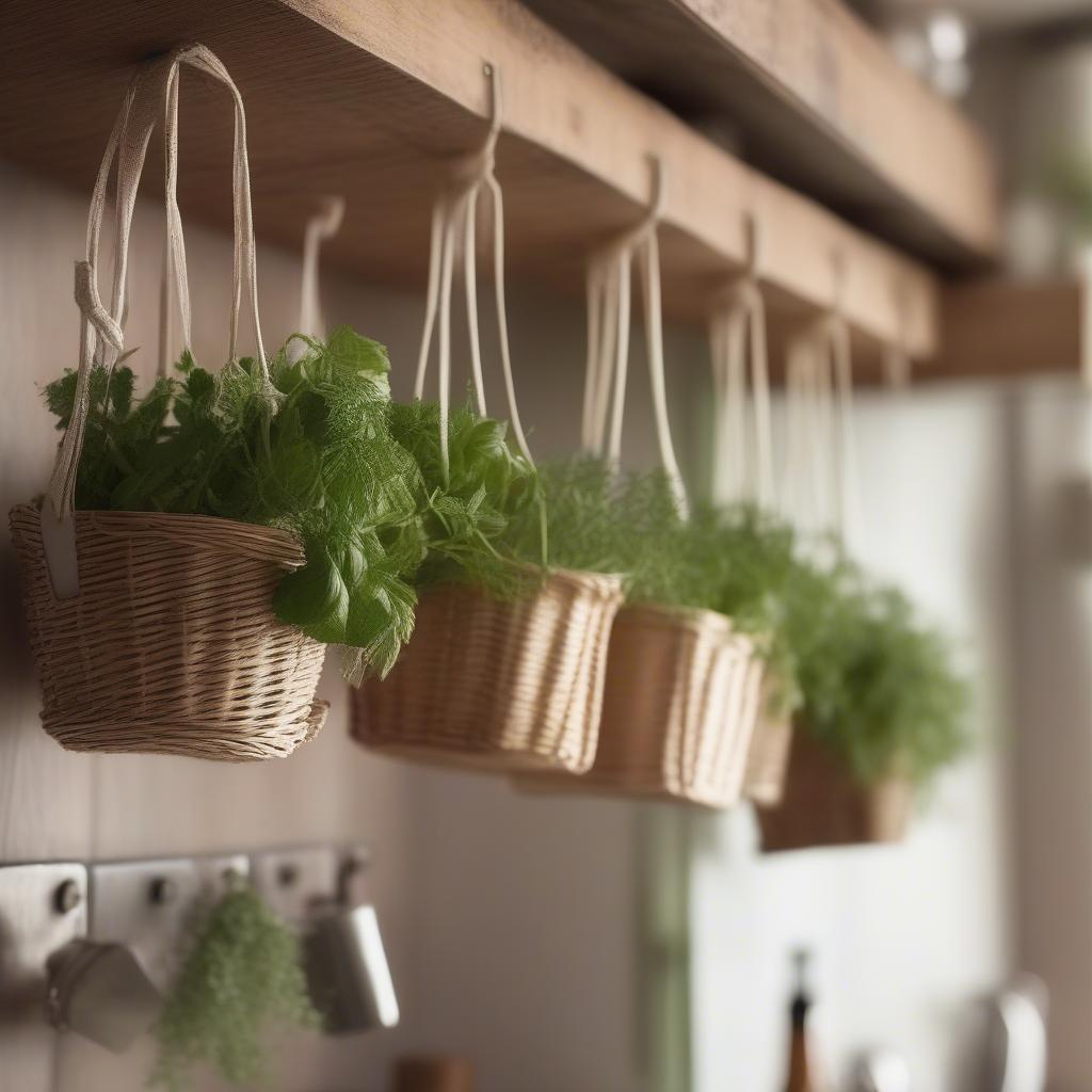 Hanging Woven Baskets with Herbs in a Country Kitchen