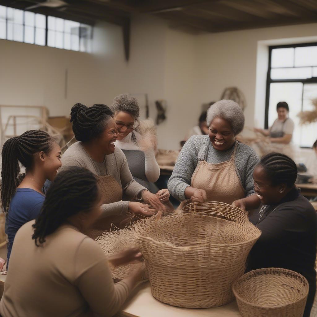 Students smiling and interacting during a Michigan basket weaving class, enjoying the creative process and camaraderie.