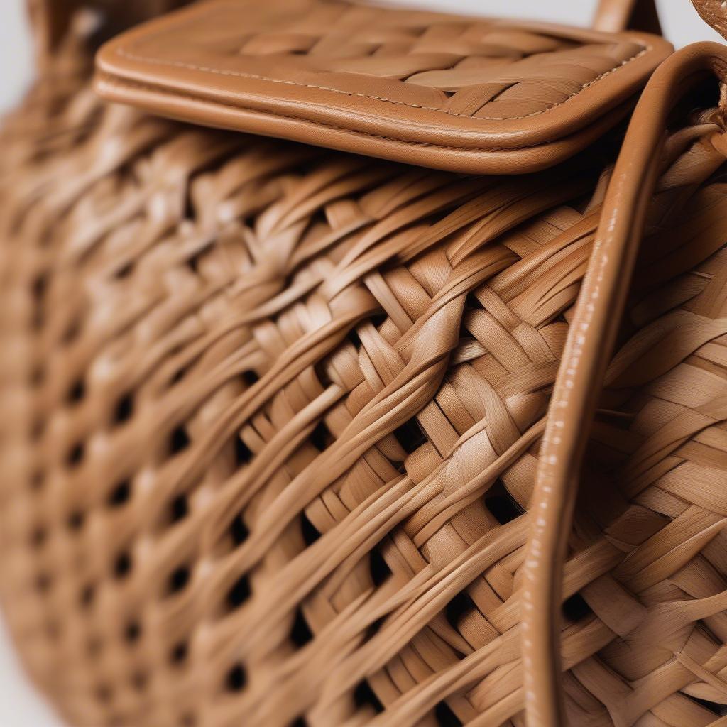 Close-up view of a Havana woven crossbody bag, showcasing the intricate weaving details and the natural texture of the material.