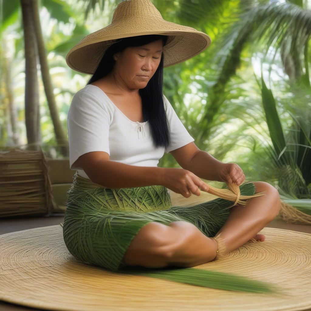 A woman weaving a lauhala hat, demonstrating the intricate hand movements and traditional techniques.