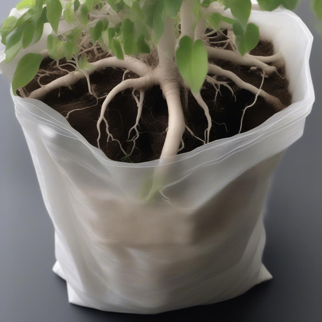 Healthy plant roots growing in a non-woven grow bag.