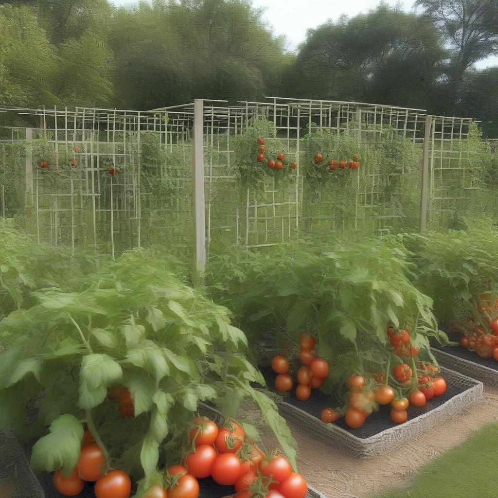 Healthy tomatoes thriving on a basket weave trellis