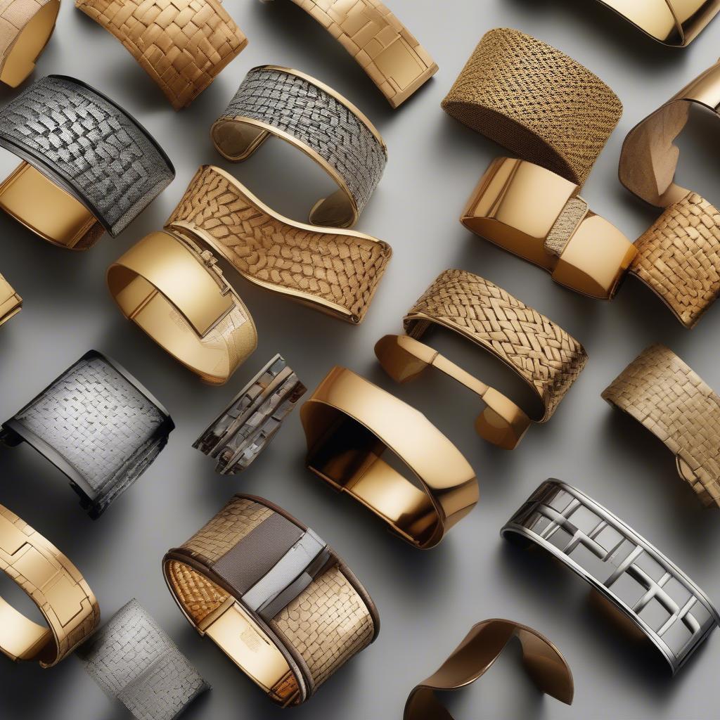 A collection of Hermes basket weave cuffs in different metal finishes and variations, highlighting the range of choices available.