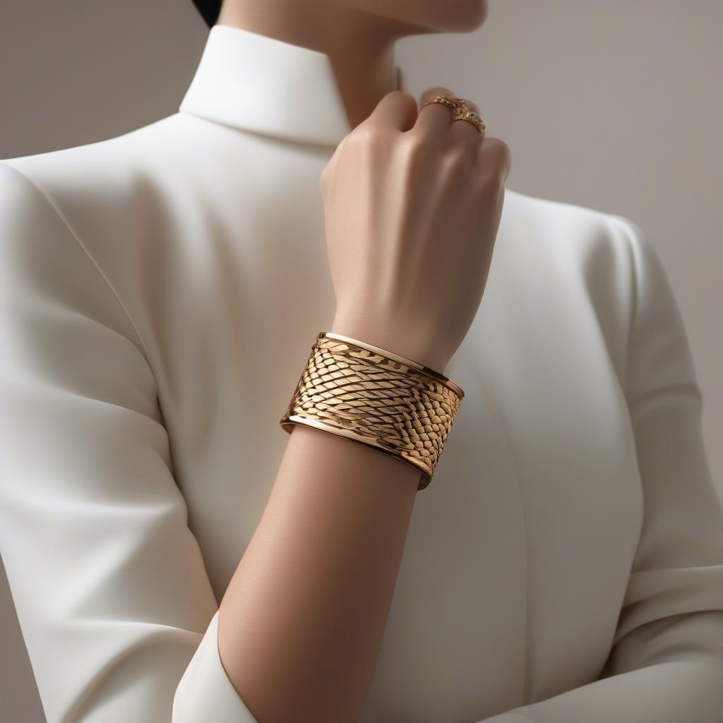 An elegant woman wearing the Hermes basket weave cuff, showcasing how it complements a stylish outfit.