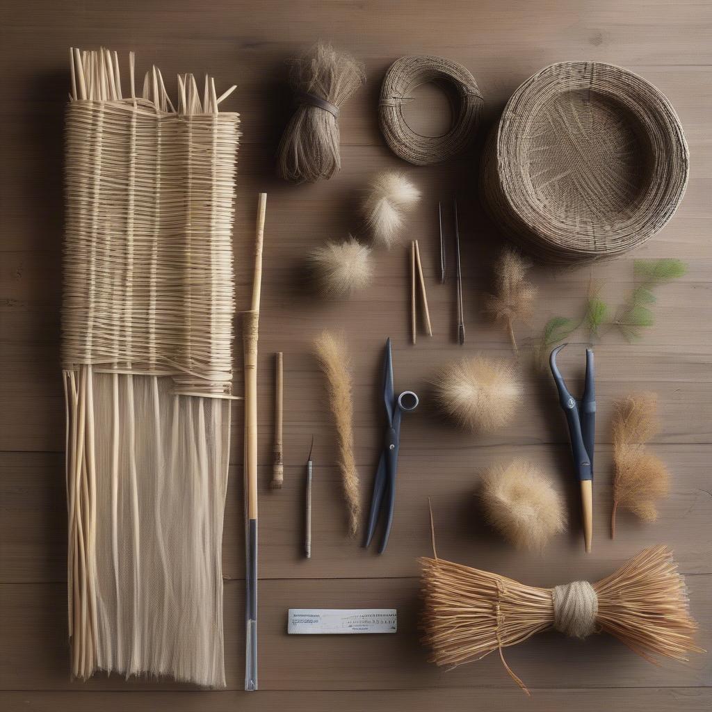 Materials for Hexagon Basket Weaving: An assortment of natural materials like reed, willow, and seagrass, along with tools like pruning shears and a measuring tape, arranged on a rustic wooden table.