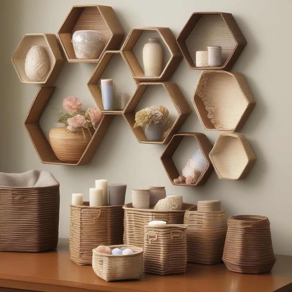 Examples of Hexagon Basket Weaving Projects: A collection of finished hexagon baskets in various sizes and styles, showcasing different weaving patterns and materials.