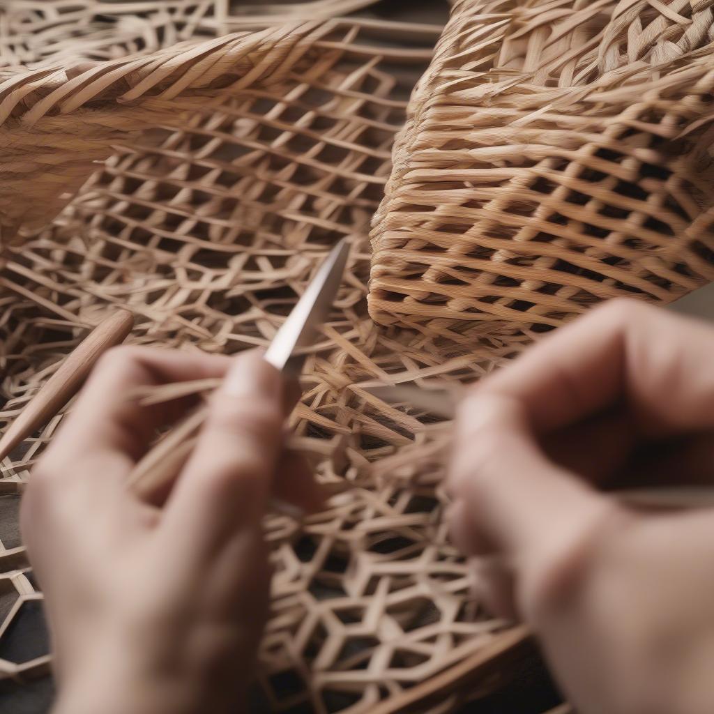 Hexagon Basket Weaving Techniques: A close-up of hands weaving a hexagon basket using reed, showcasing the intricate weaving pattern and the tools involved.