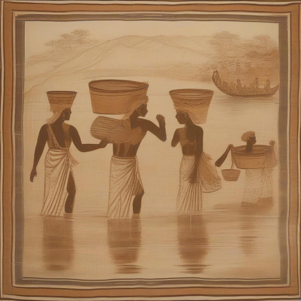 A historical depiction of individuals using double weave baskets to carry water.