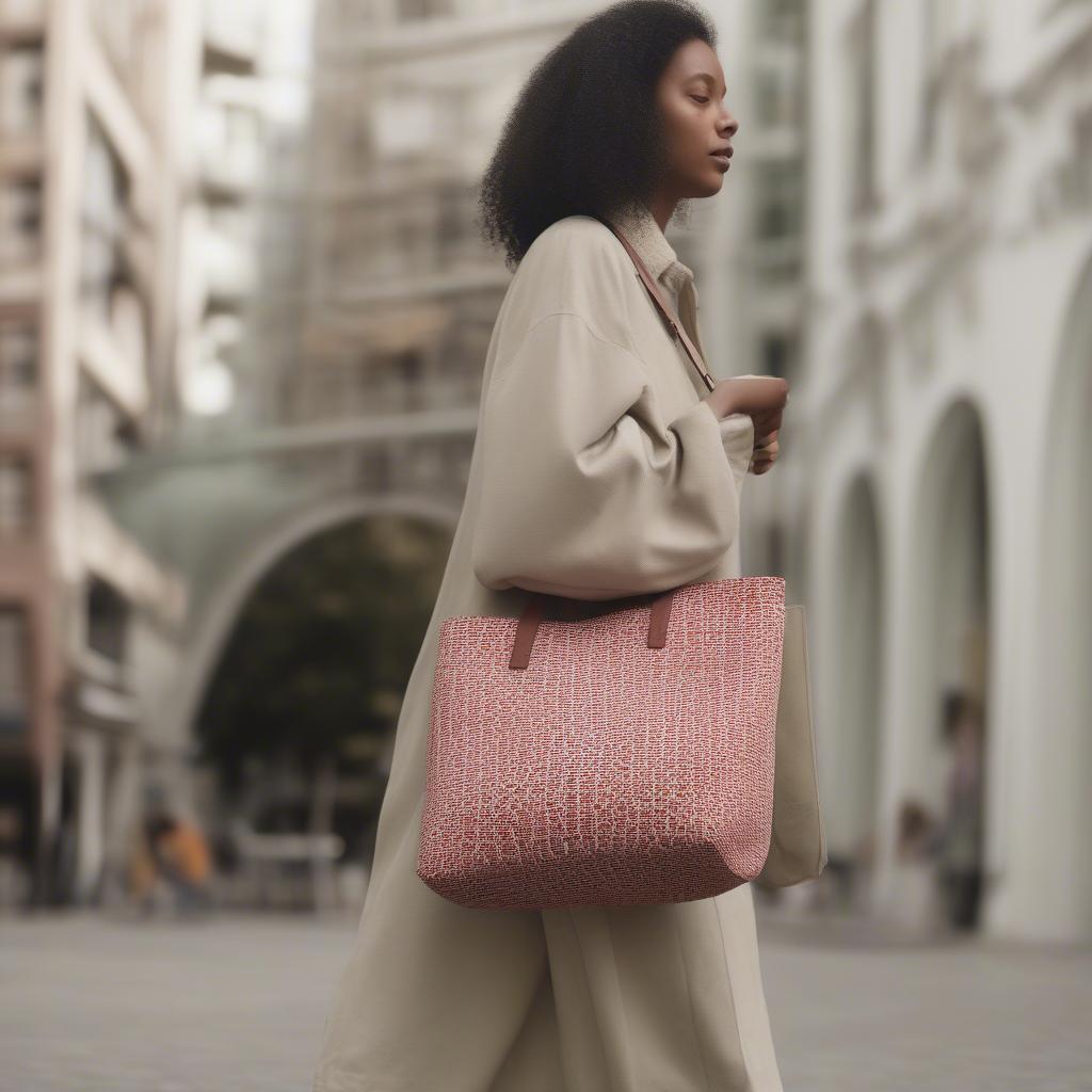 A person carrying the H&M Jacquard Weave Tote Bag showing its size and practicality