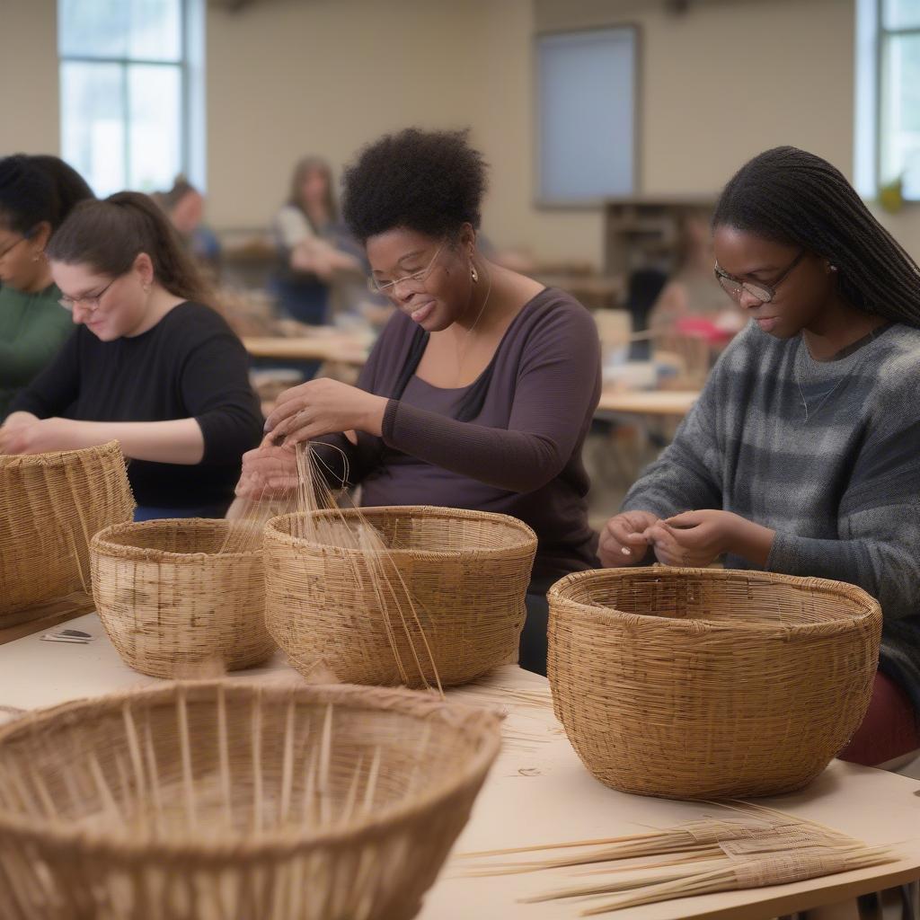 Students learning basket weaving at the Holyoke Creative Arts Center