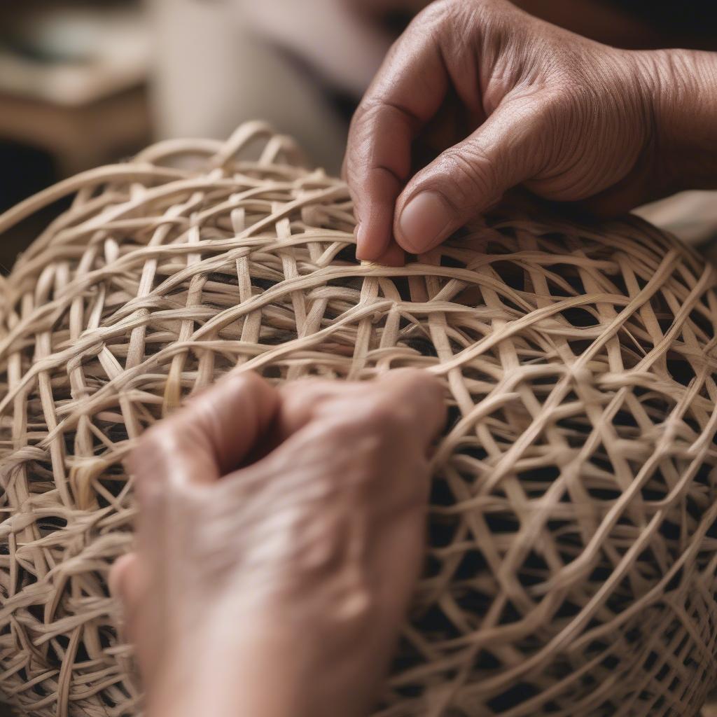 Honeysuckle basket weaving process showing hands working with the vines.