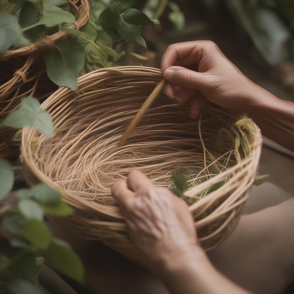 Honeysuckle vine basket weaving process, showing the steps from gathering vines to the finished woven basket.