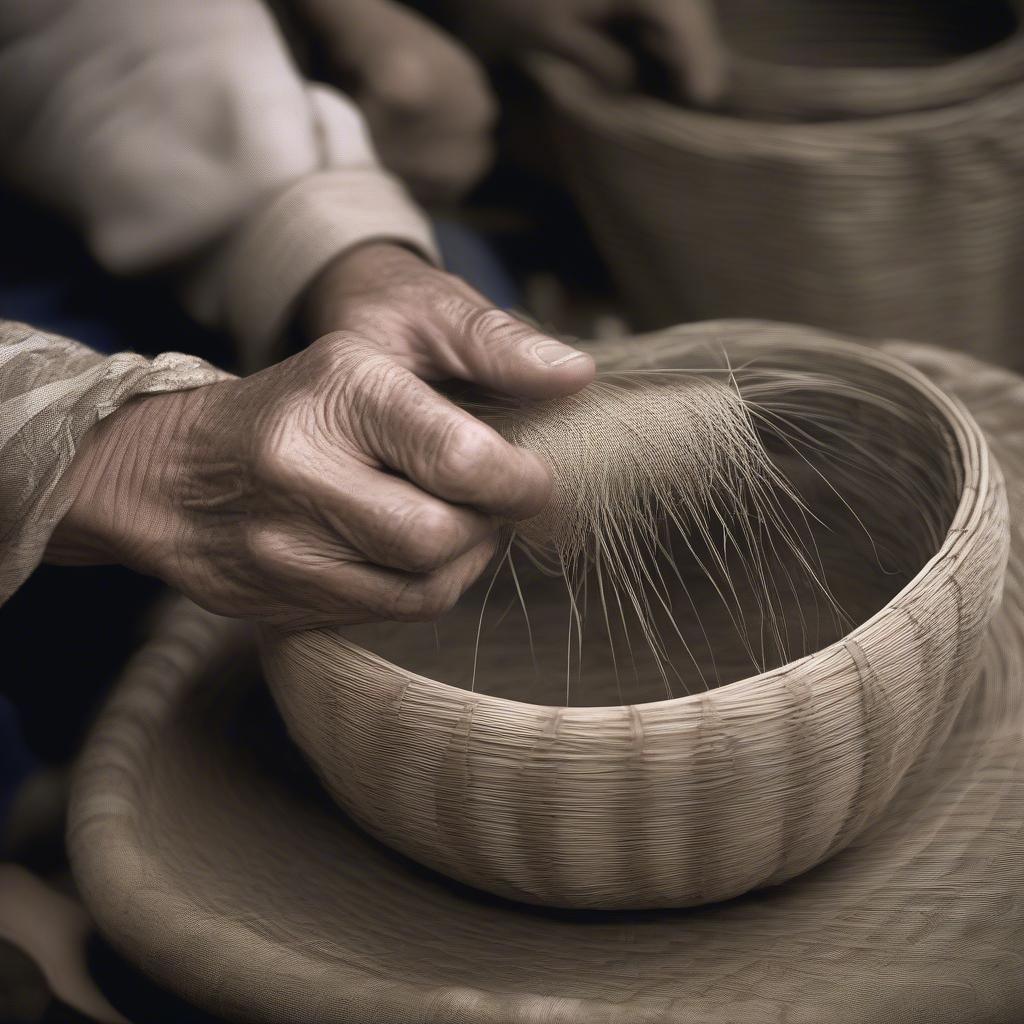 Horsehair Basket Weaving Techniques: Close-up of hands weaving horsehair into a basket, showcasing the intricate process.