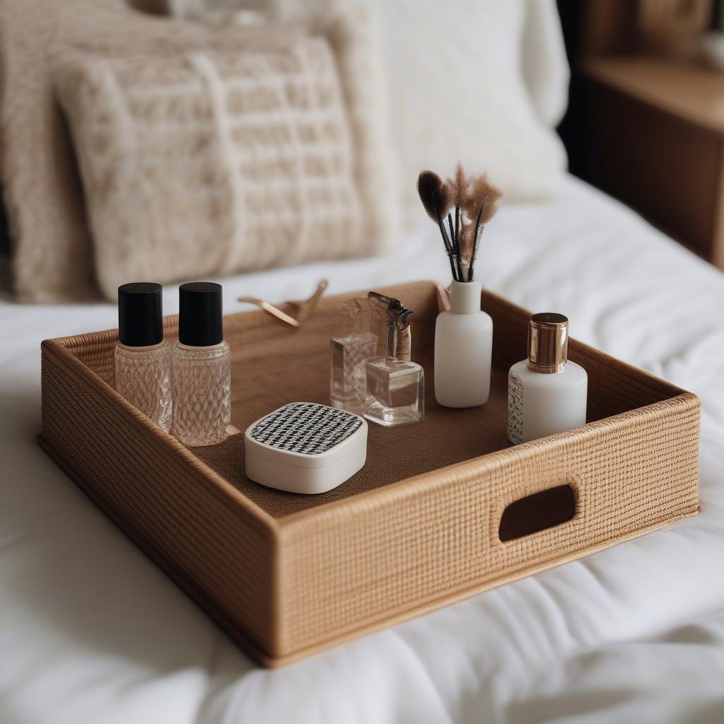 Houndstooth rattan tray on a bedroom dresser