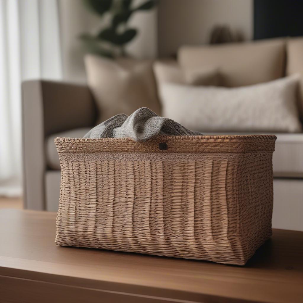 Houndstooth wicker basket in a living room setting