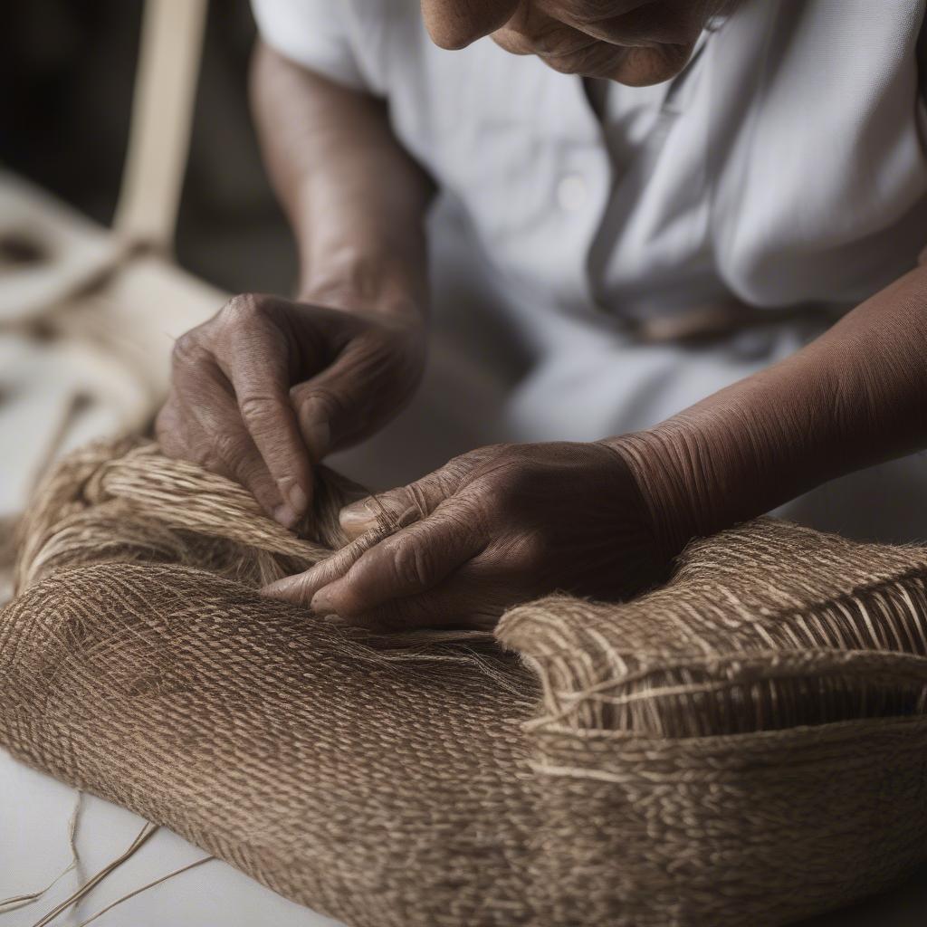 An artisan meticulously weaving a Hridi Klein bag using traditional techniques