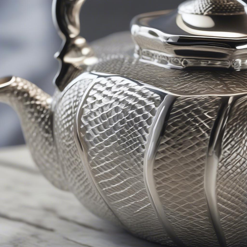 Close-up view of the intricate basket weave pattern on an i Godinger teapot.